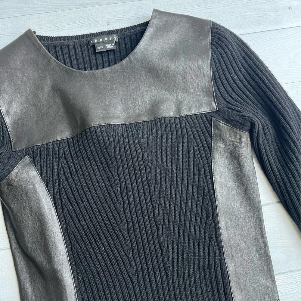 Theory Black Lambskin Leather Trim Long Sleeve Stretch Sweater Dress Size P/TP - Picture 9 of 11